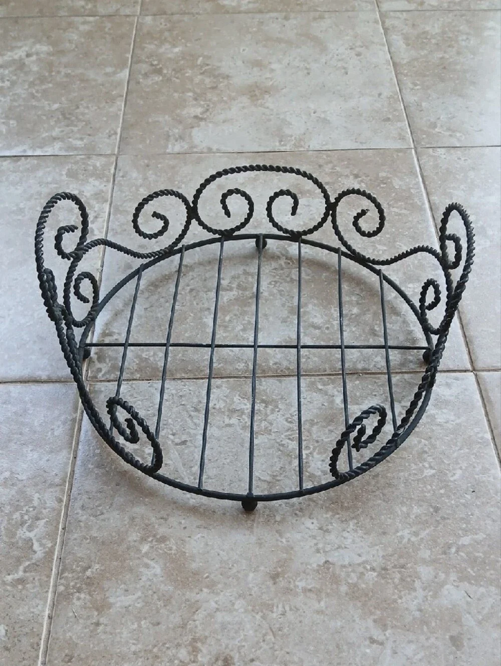 Vintage Black Twisted Metal Scroll Wire Basket, Plant Stand, Plate Rack